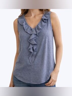 LC Lauren Conrad Blue Swiss Dot Ruffle Blouse Romantic Cottagecore Size XL